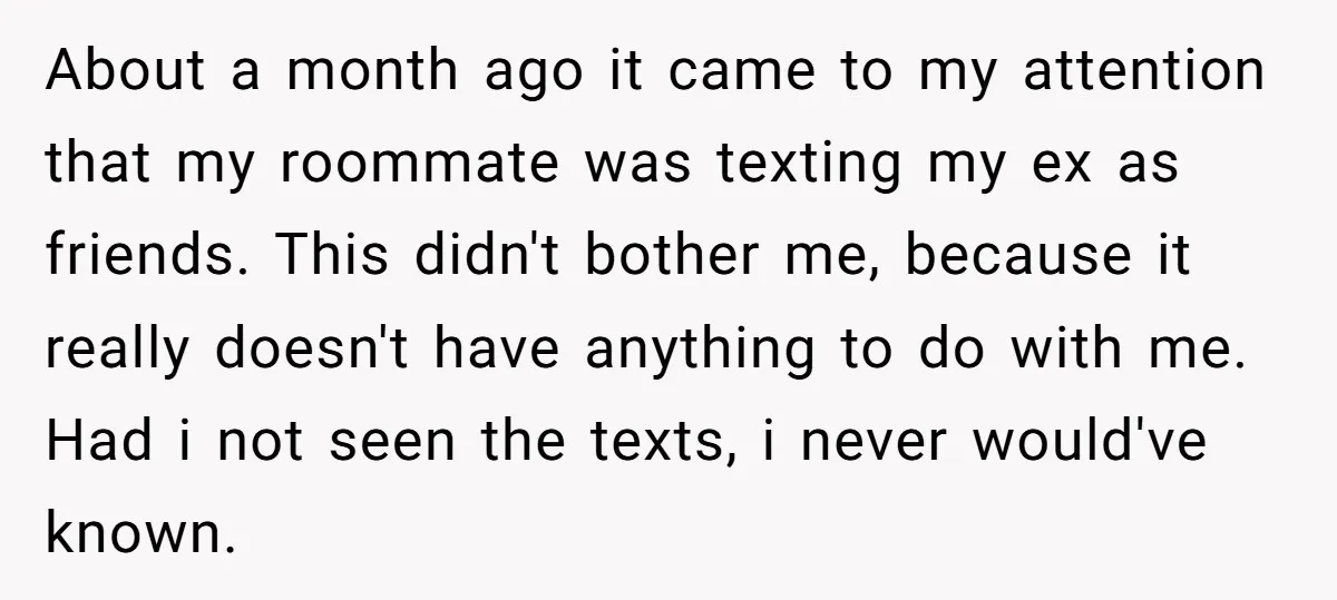 About a month ago it came to my attention that my roommate was texting my ex as friends. This didn't bother me, because it really doesn't have anything to do...