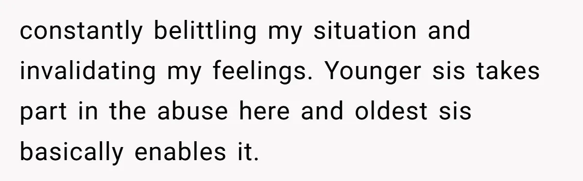 constantly belittling my situation and invalidating my feelings. Younger sis takes part in the abuse here and oldest sis basically enables it.