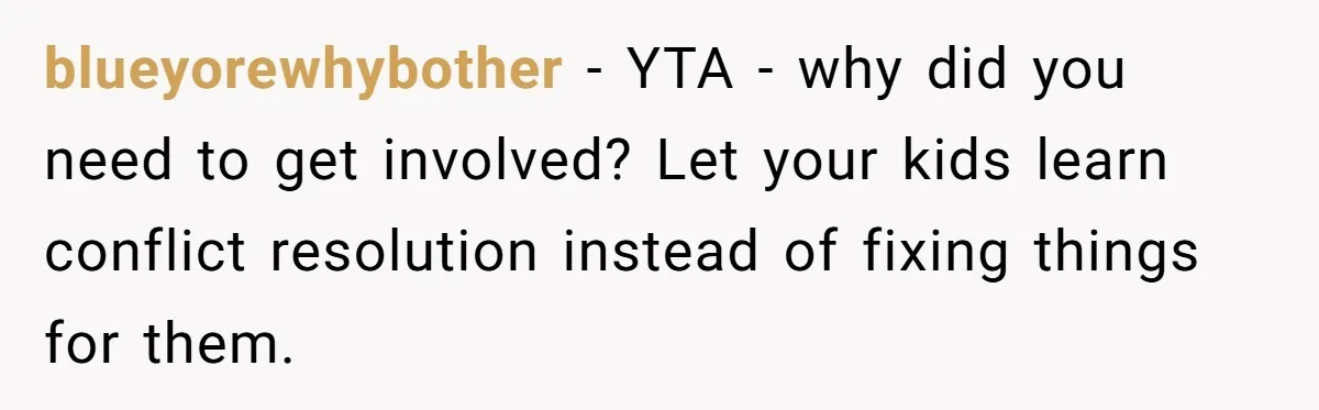 blueyorewhybother − YTA - why did you need to get involved? Let your kids learn conflict resolution instead of fixing things for them.