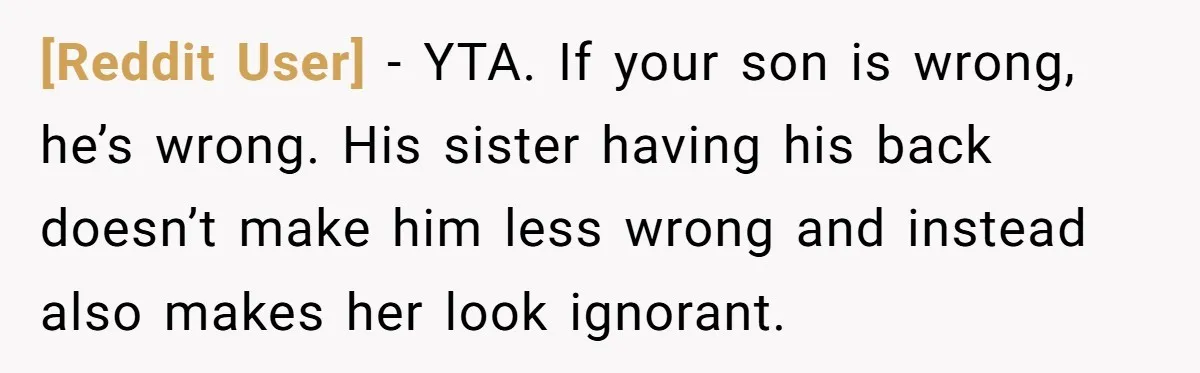 [Reddit User] − YTA. If your son is wrong, he’s wrong. His sister having his back doesn’t make him less wrong and instead also makes her look ignorant.