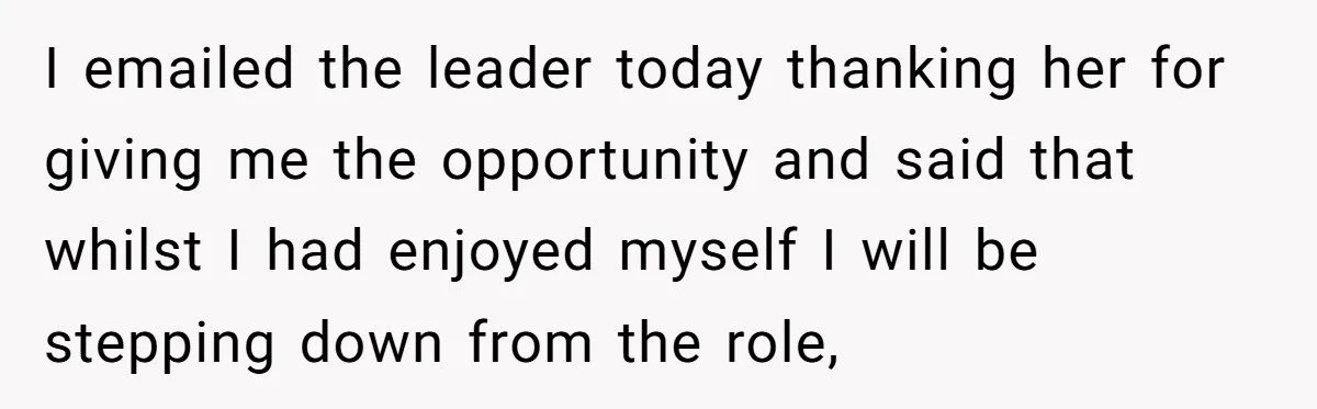 I emailed the leader today thanking her for giving me the opportunity and said that whilst I had enjoyed myself I will be stepping down from the role,