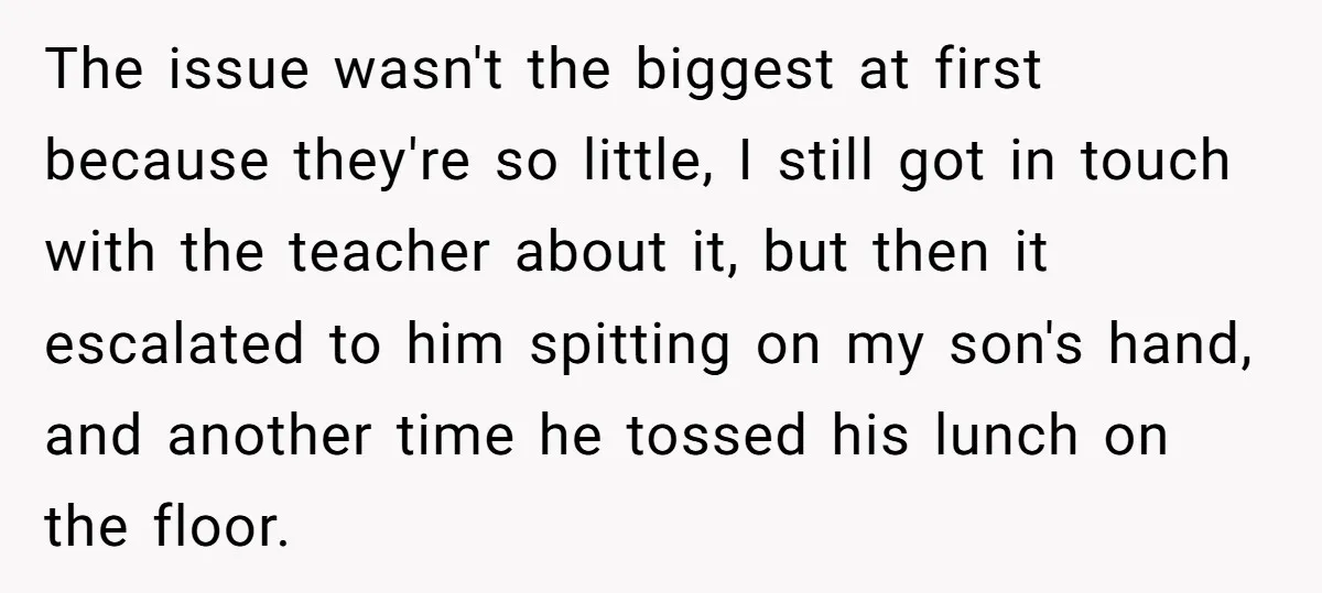 The issue wasn't the biggest at first because they're so little, I still got in touch with the teacher about it, but then it escalated to him spitting on my...