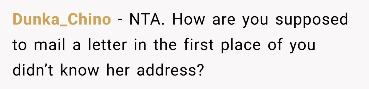 Dunka_Chino − NTA. How are you supposed to mail a letter in the first place of you didn’t know her address?