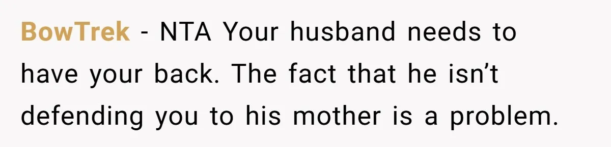BowTrek − NTA Your husband needs to have your back. The fact that he isn’t defending you to his mother is a problem.