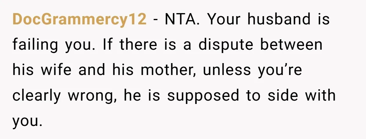 DocGrammercy12 − NTA. Your husband is failing you. If there is a dispute between his wife and his mother, unless you’re clearly wrong, he is supposed to side with you.