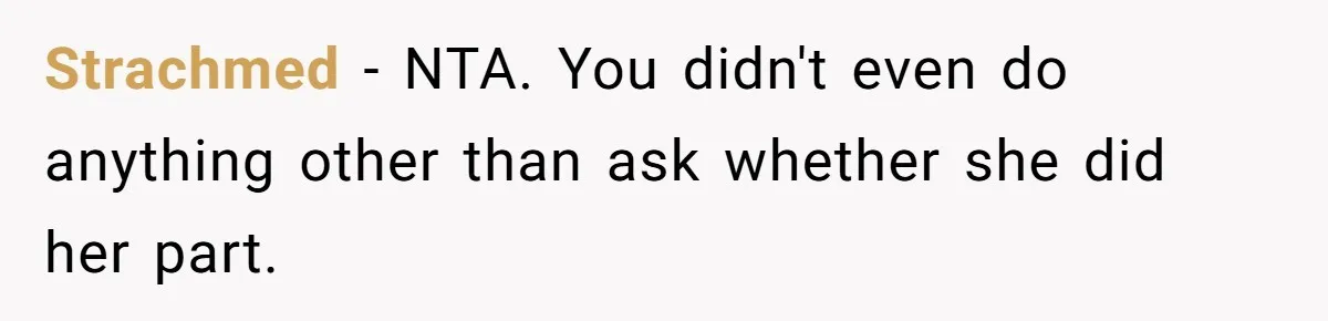 Strachmed − NTA. You didn't even do anything other than ask whether she did her part. 