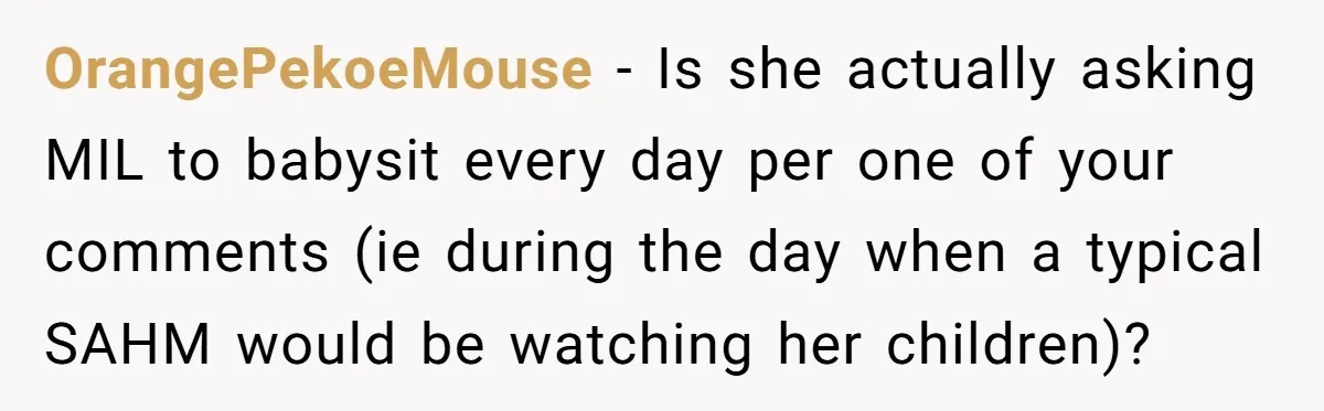 OrangePekoeMouse − Is she actually asking MIL to babysit every day per one of your comments (ie during the day when a typical SAHM would be watching her children)?