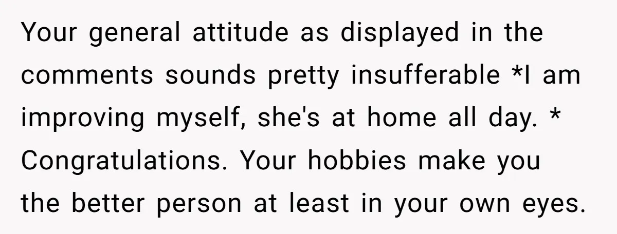 Your general attitude as displayed in the comments sounds pretty insufferable *I am improving myself, she's at home all day. * Congratulations. Your hobbies make you the better person at...
