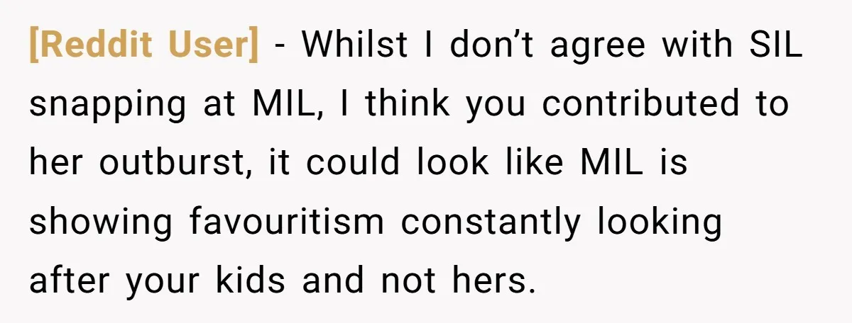 [Reddit User] − Whilst I don’t agree with SIL snapping at MIL, I think you contributed to her outburst, it could look like MIL is showing favouritism constantly looking after...