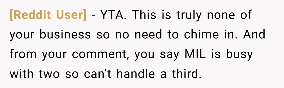[Reddit User] − YTA. This is truly none of your business so no need to chime in. And from your comment, you say MIL is busy with two so can’t...