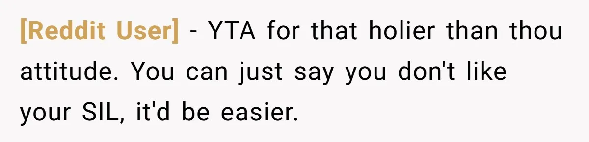 [Reddit User] − YTA for that holier than thou attitude. You can just say you don't like your SIL, it'd be easier.