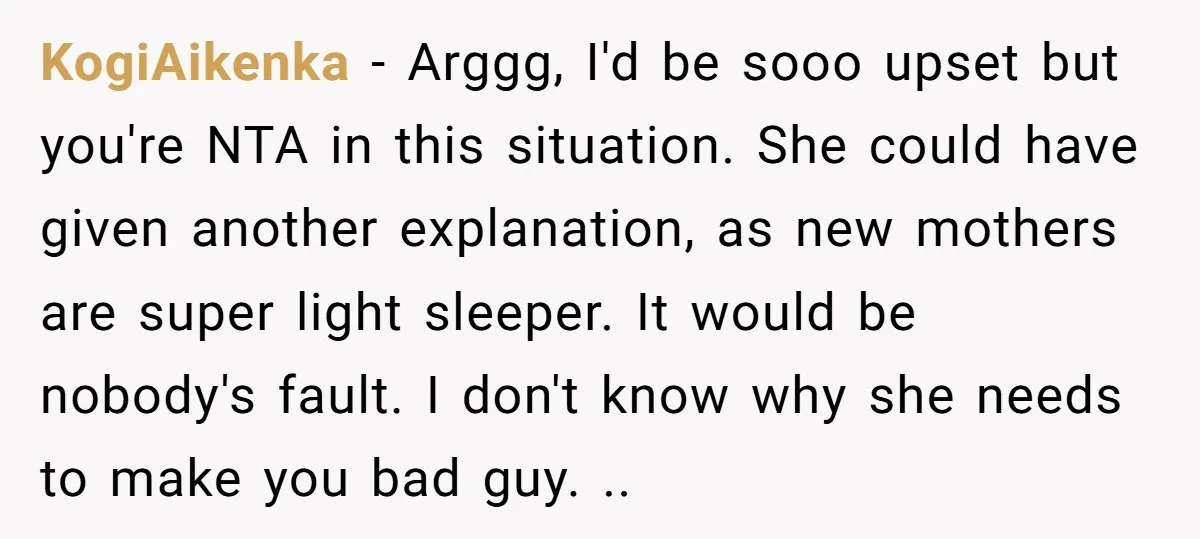 KogiAikenka − Arggg, I'd be sooo upset but you're NTA in this situation. She could have given another explanation, as new mothers are super light sleeper. It would be nobody's...