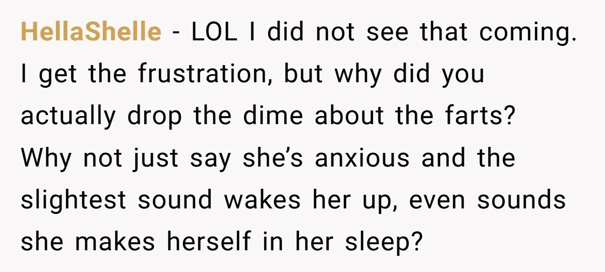 HellaShelle − LOL I did not see that coming. I get the frustration, but why did you actually drop the dime about the farts? Why not just say she’s anxious...