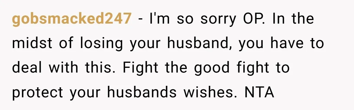 gobsmacked247 − I'm so sorry OP. In the midst of losing your husband, you have to deal with this. Fight the good fight to protect your husbands wishes. NTA