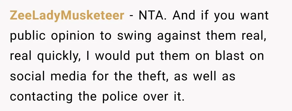 ZeeLadyMusketeer − NTA. And if you want public opinion to swing against them real, real quickly, I would put them on blast on social media for the theft, as well...