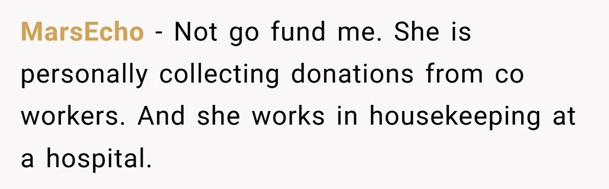 MarsEcho − Not go fund me. She is personally collecting donations from co workers. And she works in housekeeping at a hospital.