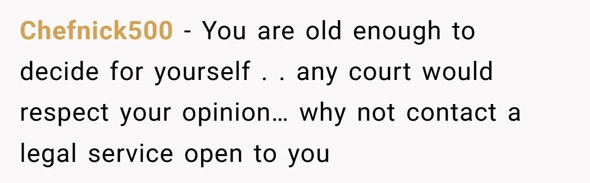 Chefnick500 − You are old enough to decide for yourself . . any court would respect your opinion… why not contact a legal service open to you