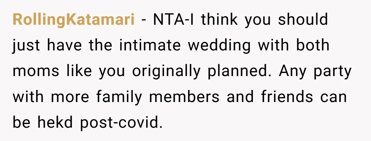 RollingKatamari − NTA-I think you should just have the intimate wedding with both moms like you originally planned. Any party with more family members and friends can be hekd post-covid.