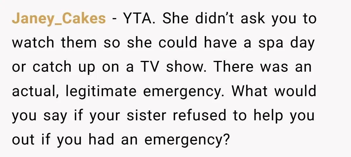 Janey_Cakes − YTA. She didn’t ask you to watch them so she could have a spa day or catch up on a TV show. There was an actual, legitimate emergency....