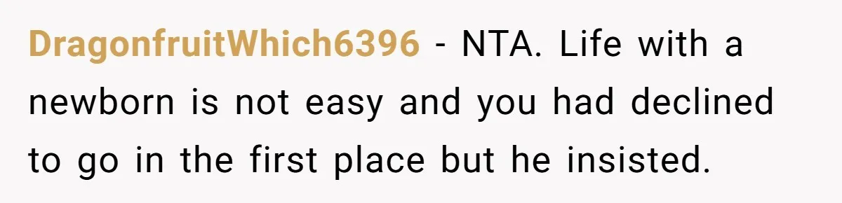 DragonfruitWhich6396 − NTA. Life with a newborn is not easy and you had declined to go in the first place but he insisted.