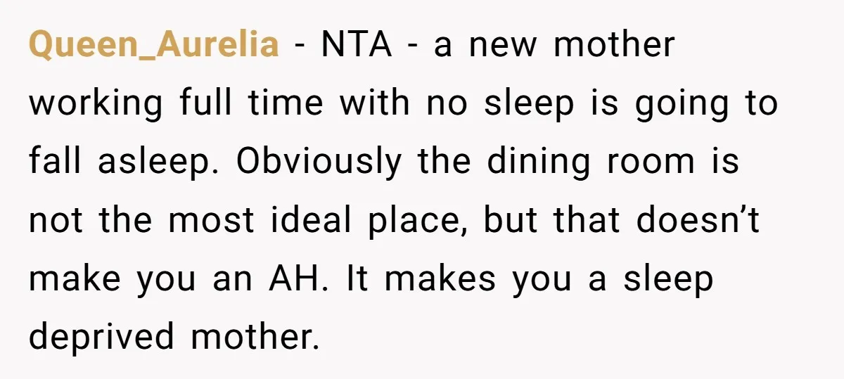 Queen_Aurelia − NTA - a new mother working full time with no sleep is going to fall asleep. Obviously the dining room is not the most ideal place, but that...
