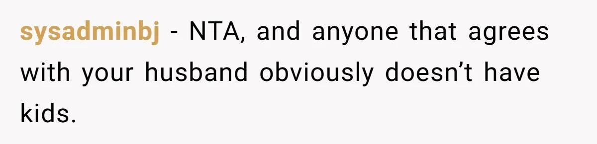 sysadminbj − NTA, and anyone that agrees with your husband obviously doesn’t have kids.