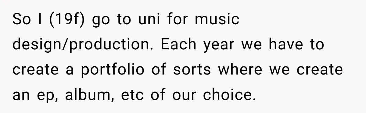 So I (19f) go to uni for music design/production. Each year we have to create a portfolio of sorts where we create an ep, album, etc of our choice.