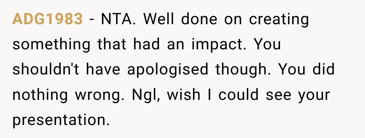 ADG1983 − NTA. Well done on creating something that had an impact. You shouldn't have apologised though. You did nothing wrong. Ngl, wish I could see your presentation.