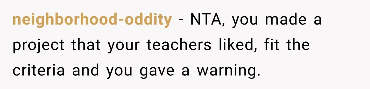 neighborhood-oddity − NTA, you made a project that your teachers liked, fit the criteria and you gave a warning.