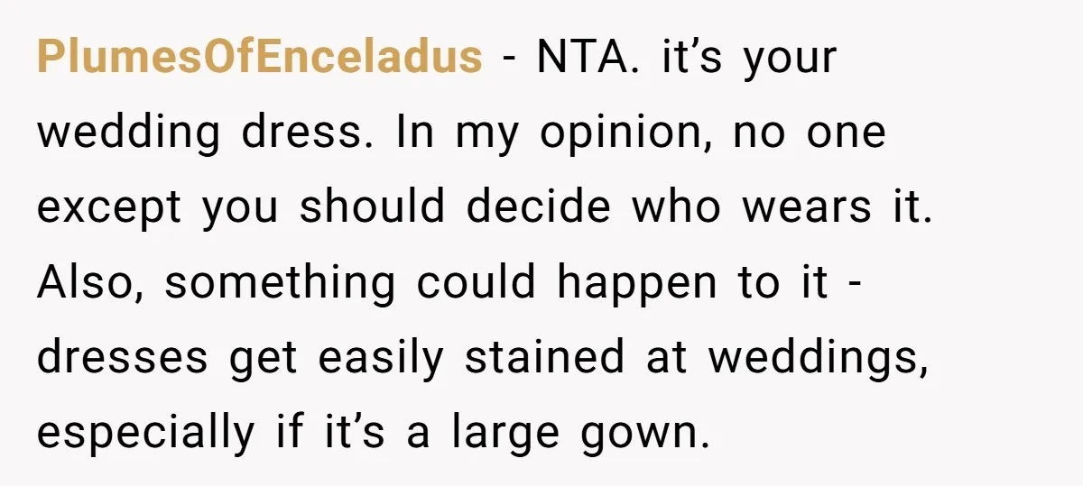 PlumesOfEnceladus − NTA. it’s your wedding dress. In my opinion, no one except you should decide who wears it. Also, something could happen to it - dresses get easily stained...