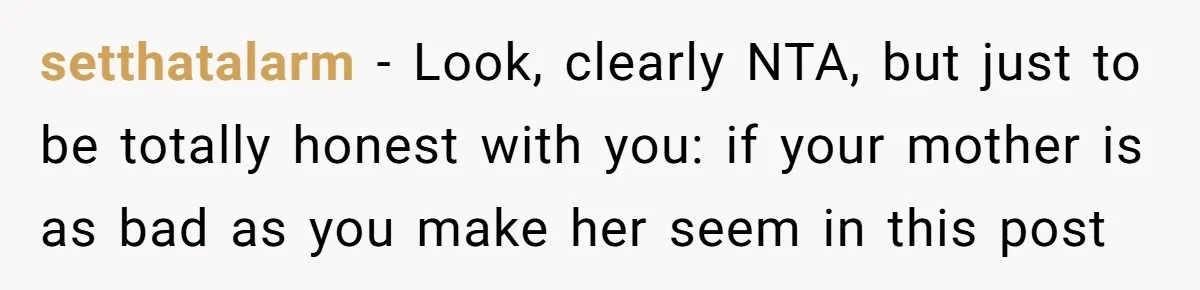setthatalarm − Look, clearly NTA, but just to be totally honest with you: if your mother is as bad as you make her seem in this post