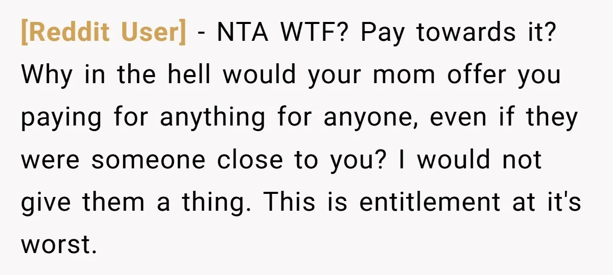 [Reddit User] − NTA WTF? Pay towards it? Why in the hell would your mom offer you paying for anything for anyone, even if they were someone close to you?...