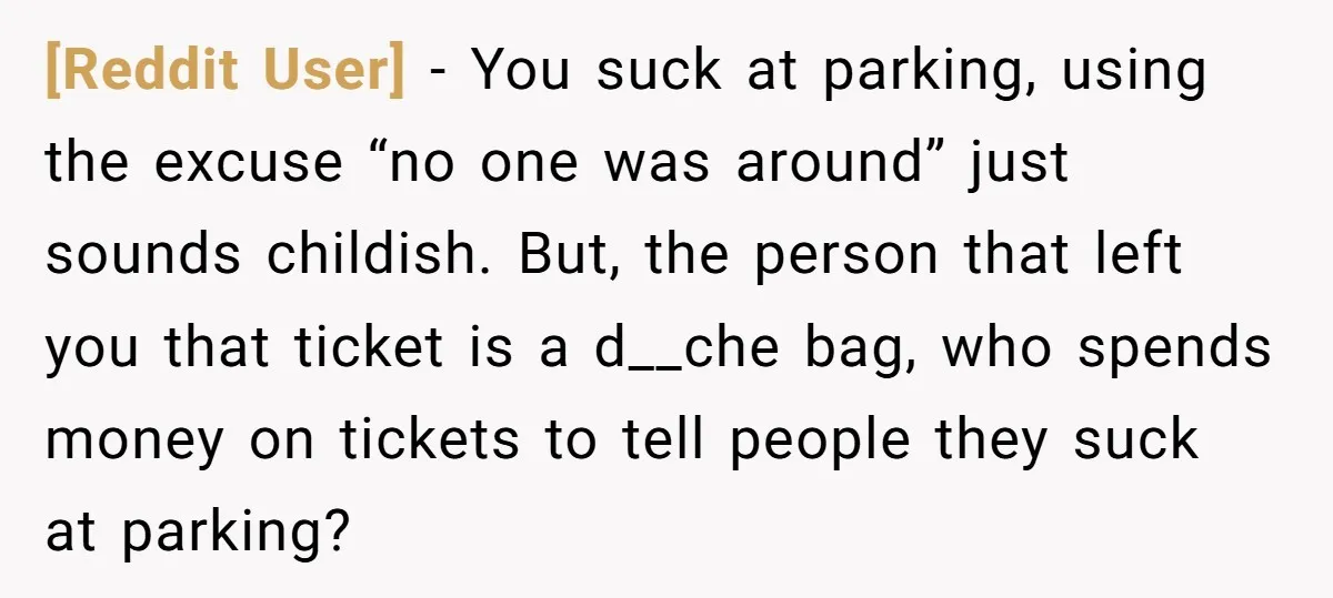 [Reddit User] − You suck at parking, using the excuse “no one was around” just sounds childish. But, the person that left you that ticket is a d__che bag, who...