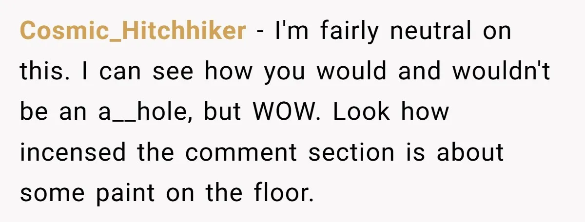 Cosmic_Hitchhiker − I'm fairly neutral on this. I can see how you would and wouldn't be an a__hole, but WOW. Look how incensed the comment section is about some paint...
