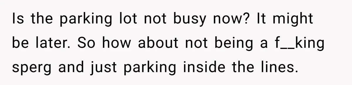 Is the parking lot not busy now? It might be later. So how about not being a f__king sperg and just parking inside the lines.