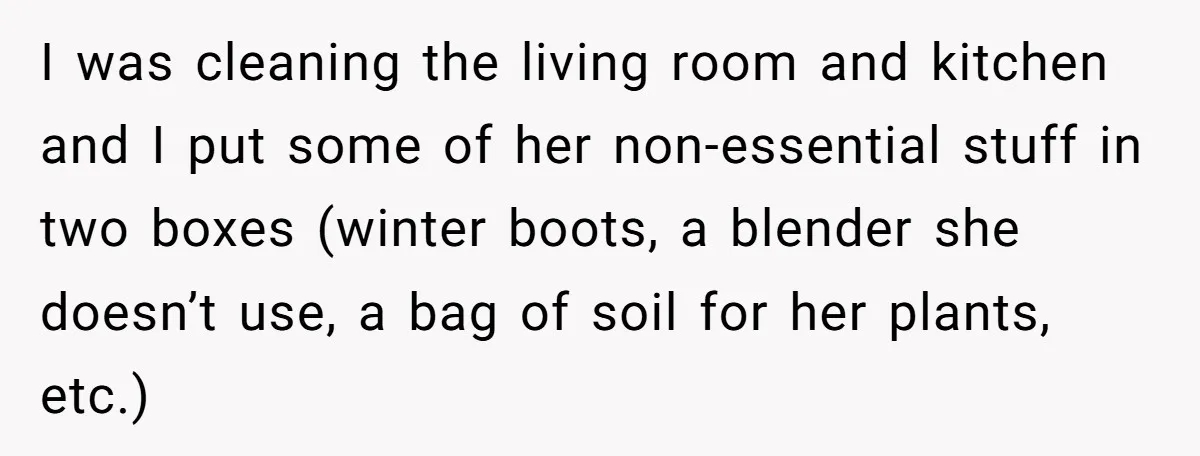 I was cleaning the living room and kitchen and I put some of her non-essential stuff in two boxes (winter boots, a blender she doesn’t use, a bag of soil...