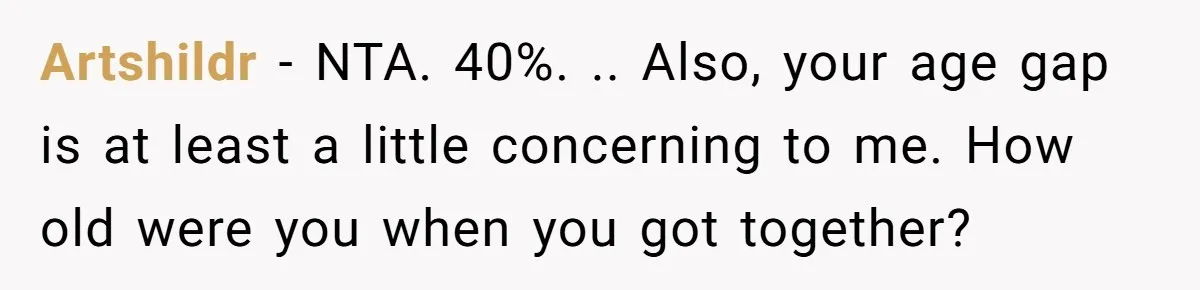 Artshildr − NTA. 40%. .. Also, your age gap is at least a little concerning to me. How old were you when you got together?