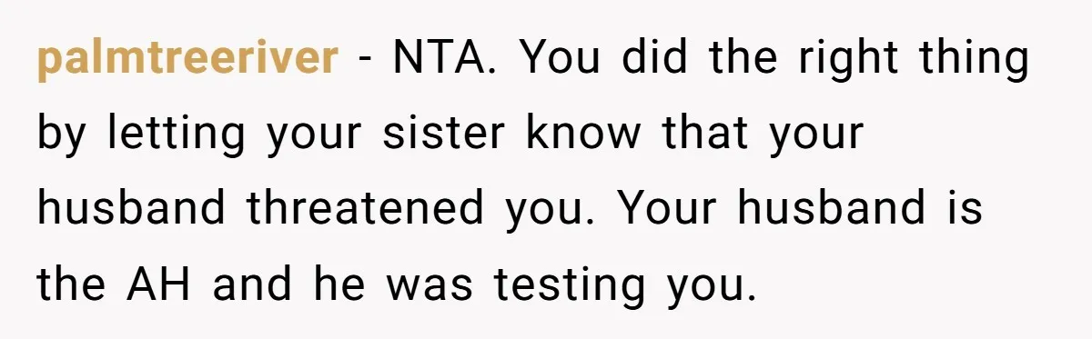 palmtreeriver − NTA. You did the right thing by letting your sister know that your husband threatened you. Your husband is the AH and he was testing you.