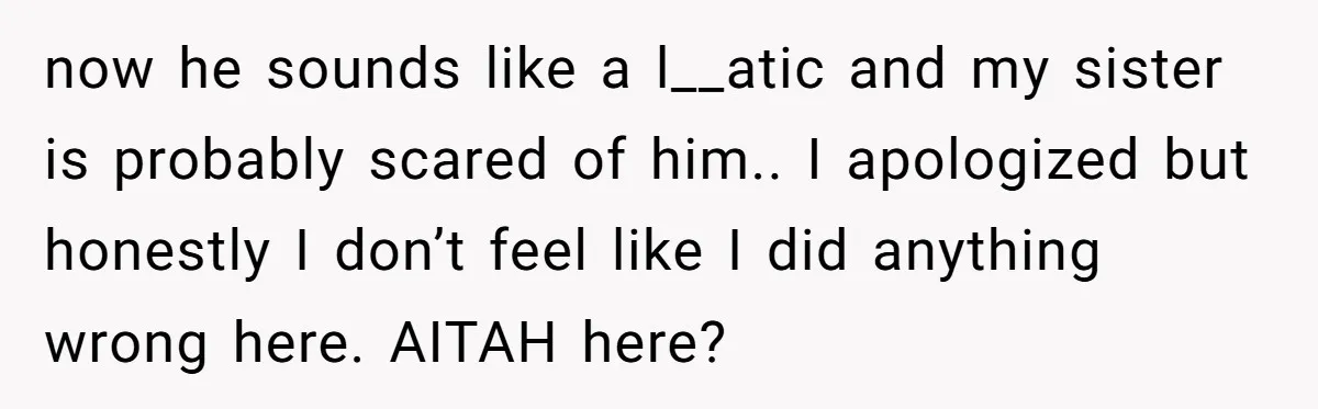 now he sounds like a l__atic and my sister is probably scared of him.. I apologized but honestly I don’t feel like I did anything wrong here. AITAH here?