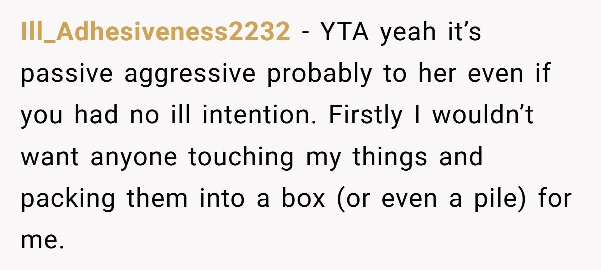 Ill_Adhesiveness2232 − YTA yeah it’s passive aggressive probably to her even if you had no ill intention. Firstly I wouldn’t want anyone touching my things and packing them into a...