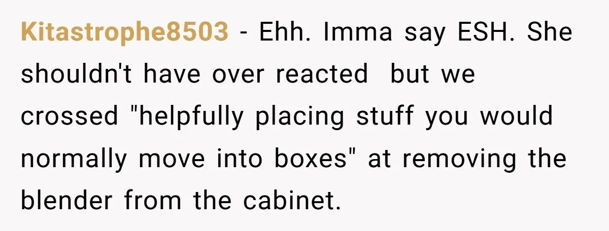 Kitastrophe8503 − Ehh. Imma say ESH. She shouldn't have over reacted  but we crossed "helpfully placing stuff you would normally move into boxes" at removing the blender from the cabinet.