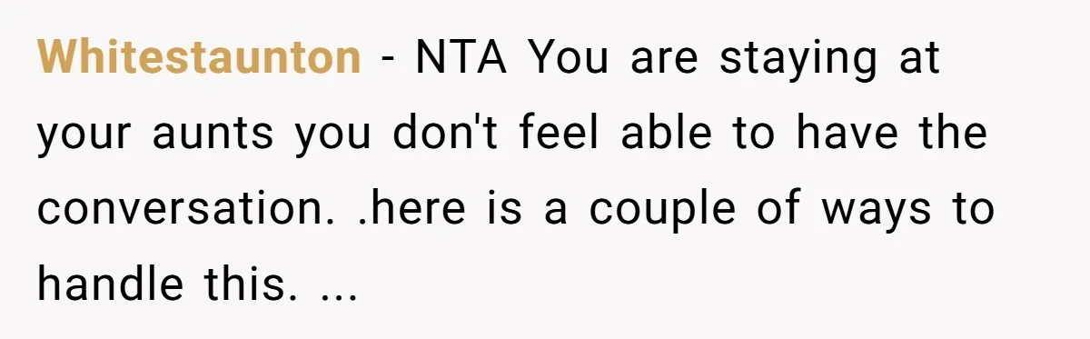 Whitestaunton − NTA You are staying at your aunts you don't feel able to have the conversation. .here is a couple of ways to handle this. ...
