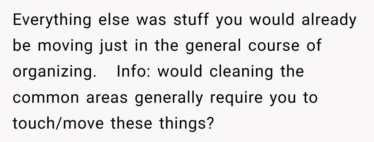 Everything else was stuff you would already be moving just in the general course of organizing.   Info: would cleaning the common areas generally require you to touch/move these things?