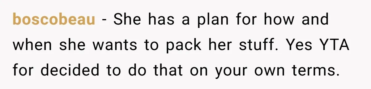 boscobeau − She has a plan for how and when she wants to pack her stuff. Yes YTA for decided to do that on your own terms.