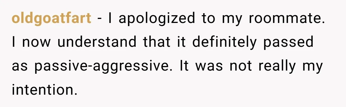 oldgoatfart − I apologized to my roommate. I now understand that it definitely passed as passive-aggressive. It was not really my intention.