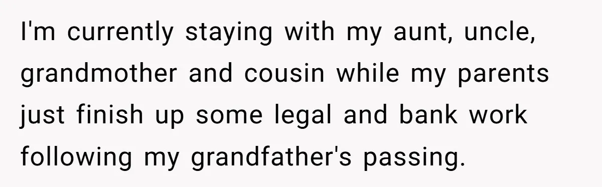 I'm currently staying with my aunt, uncle, grandmother and cousin while my parents just finish up some legal and bank work following my grandfather's passing.