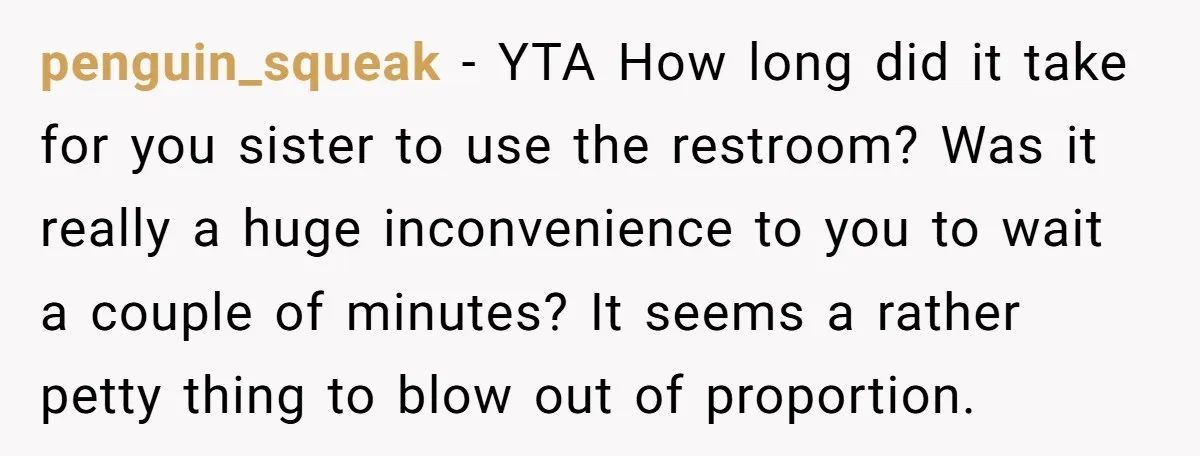 penguin_squeak − YTA How long did it take for you sister to use the restroom? Was it really a huge inconvenience to you to wait a couple of minutes? It...