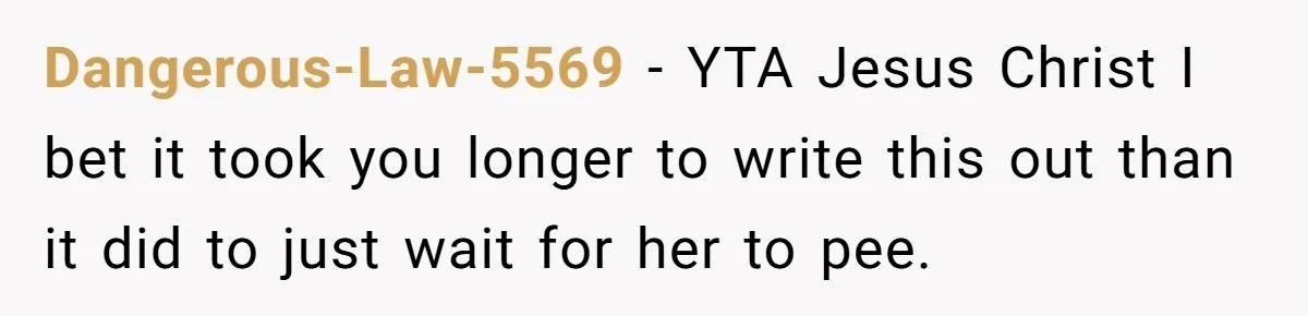 Dangerous-Law-5569 − YTA Jesus Christ I bet it took you longer to write this out than it did to just wait for her to pee.