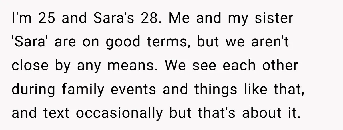 I'm 25 and Sara's 28. Me and my sister 'Sara' are on good terms, but we aren't close by any means. We see each other during family events and things...
