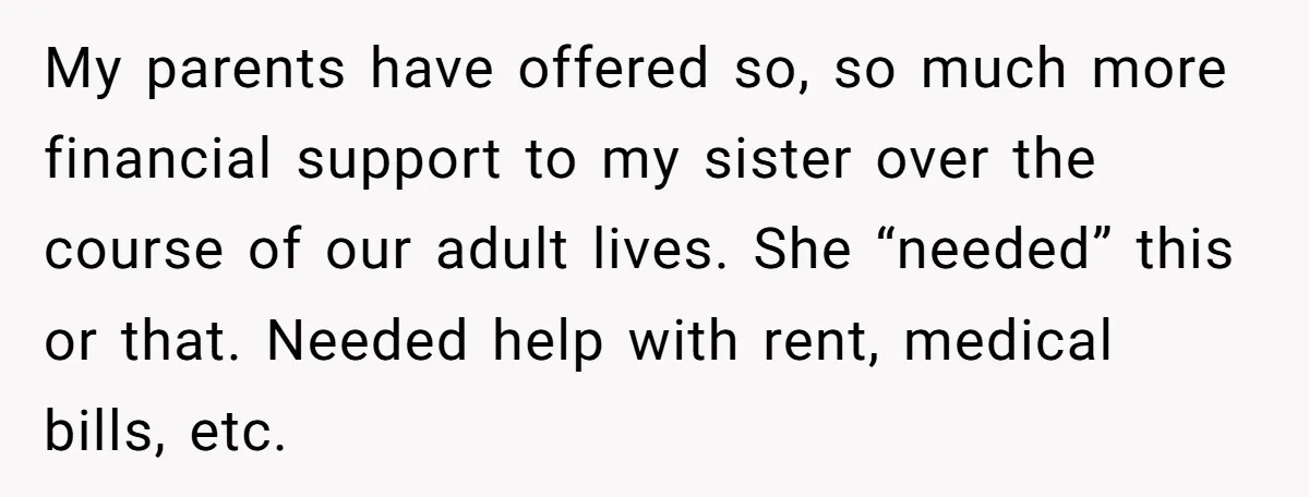 My parents have offered so, so much more financial support to my sister over the course of our adult lives. She “needed” this or that. Needed help with rent, medical...